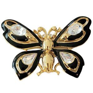 Trifari Gold Tone Clear Rhinestone Black Enamel Butterfly Brooch, Signed M777